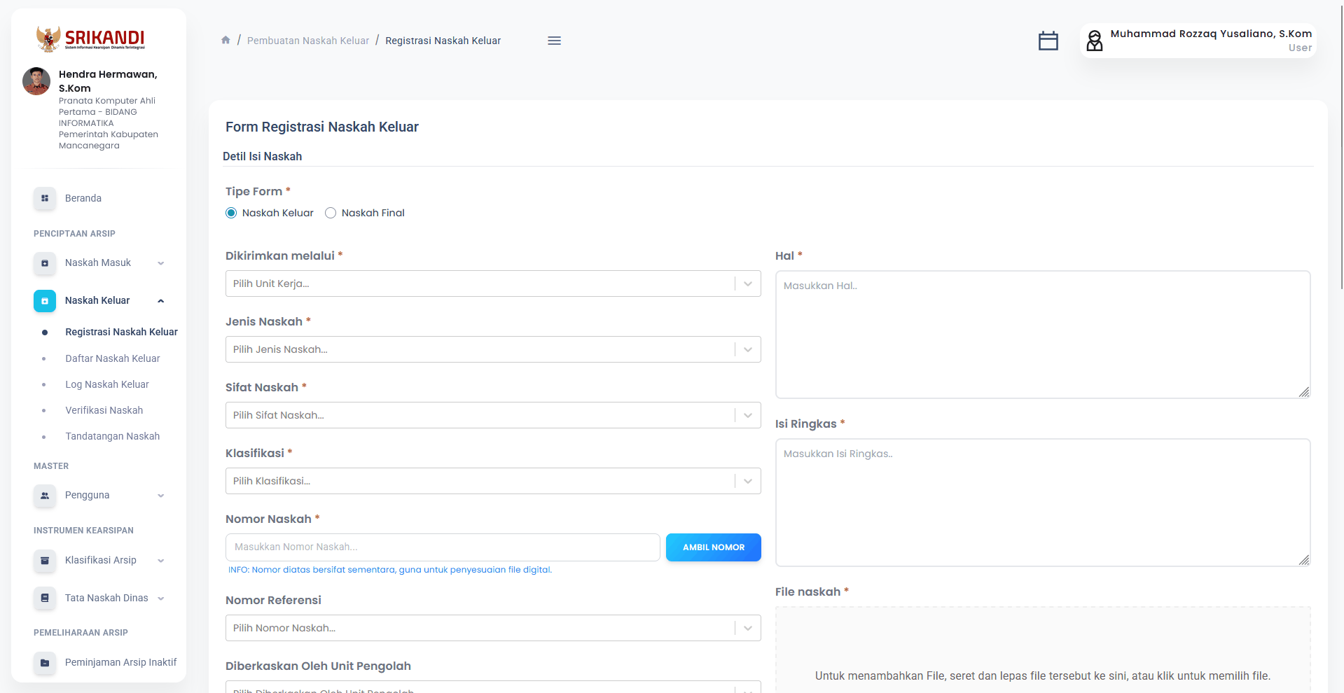 Form registrasi naskah di SRIKANDI